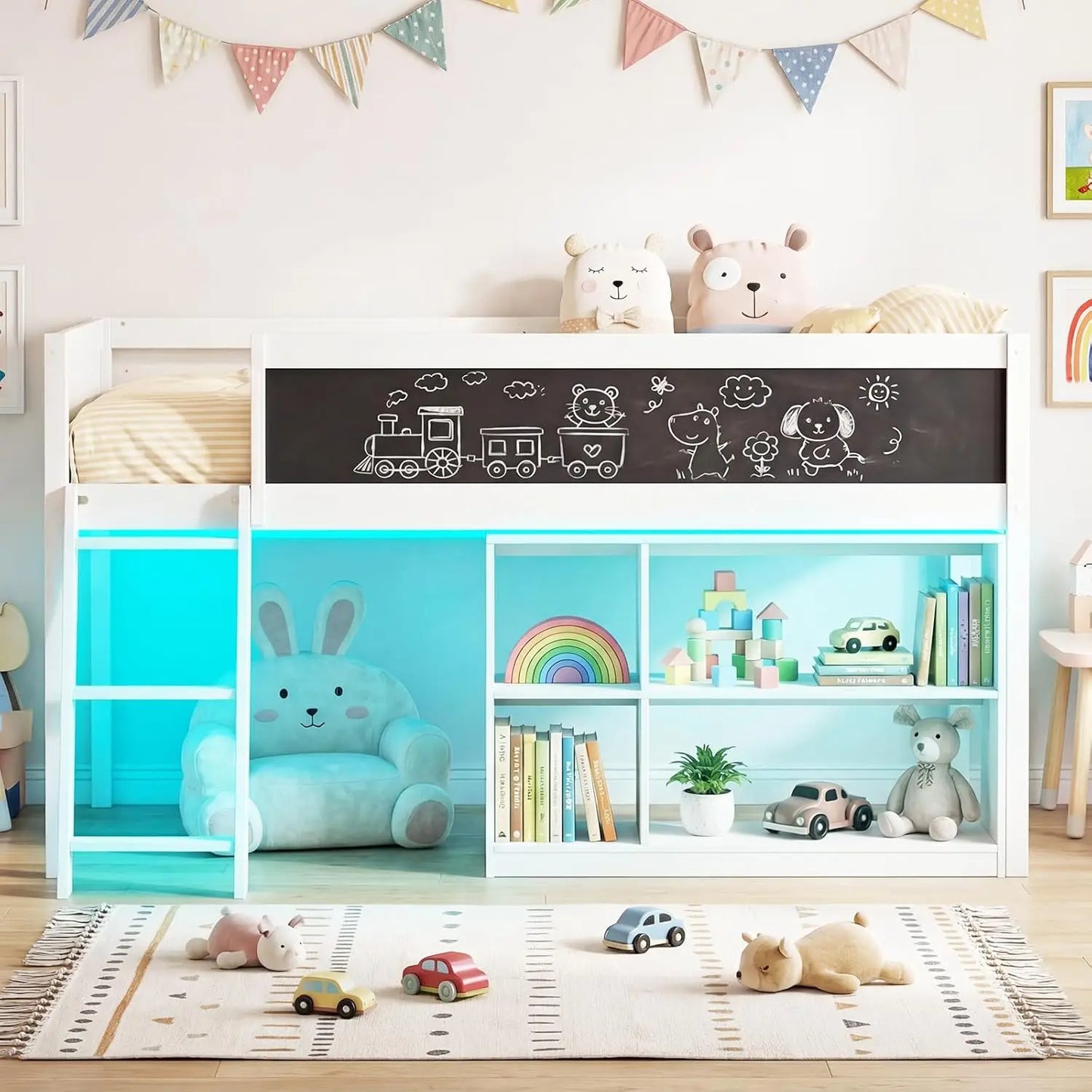 Wood Loft Bed With LED Lights Chalkboard Under-Bed Storage