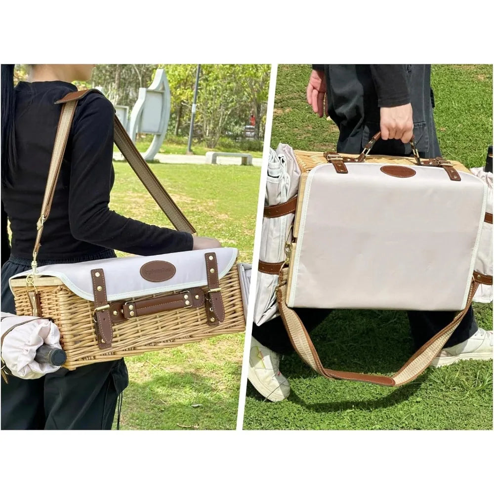 NBVCX Wicker Picnic Basket For Two With Table Blanket Wine Pouch And Tableware