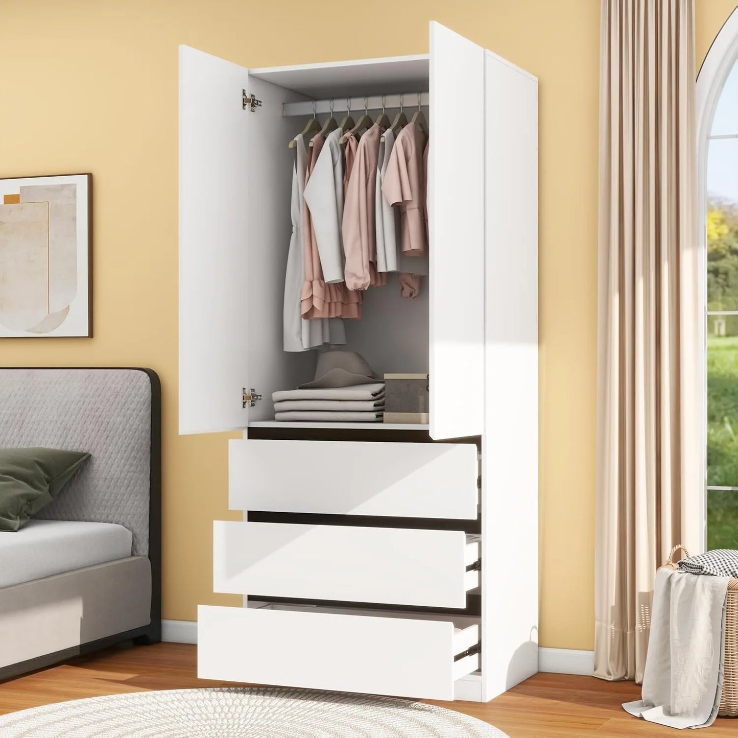 XIUWO Wood Wardrobe With Double Doors Hanging Rod Storage