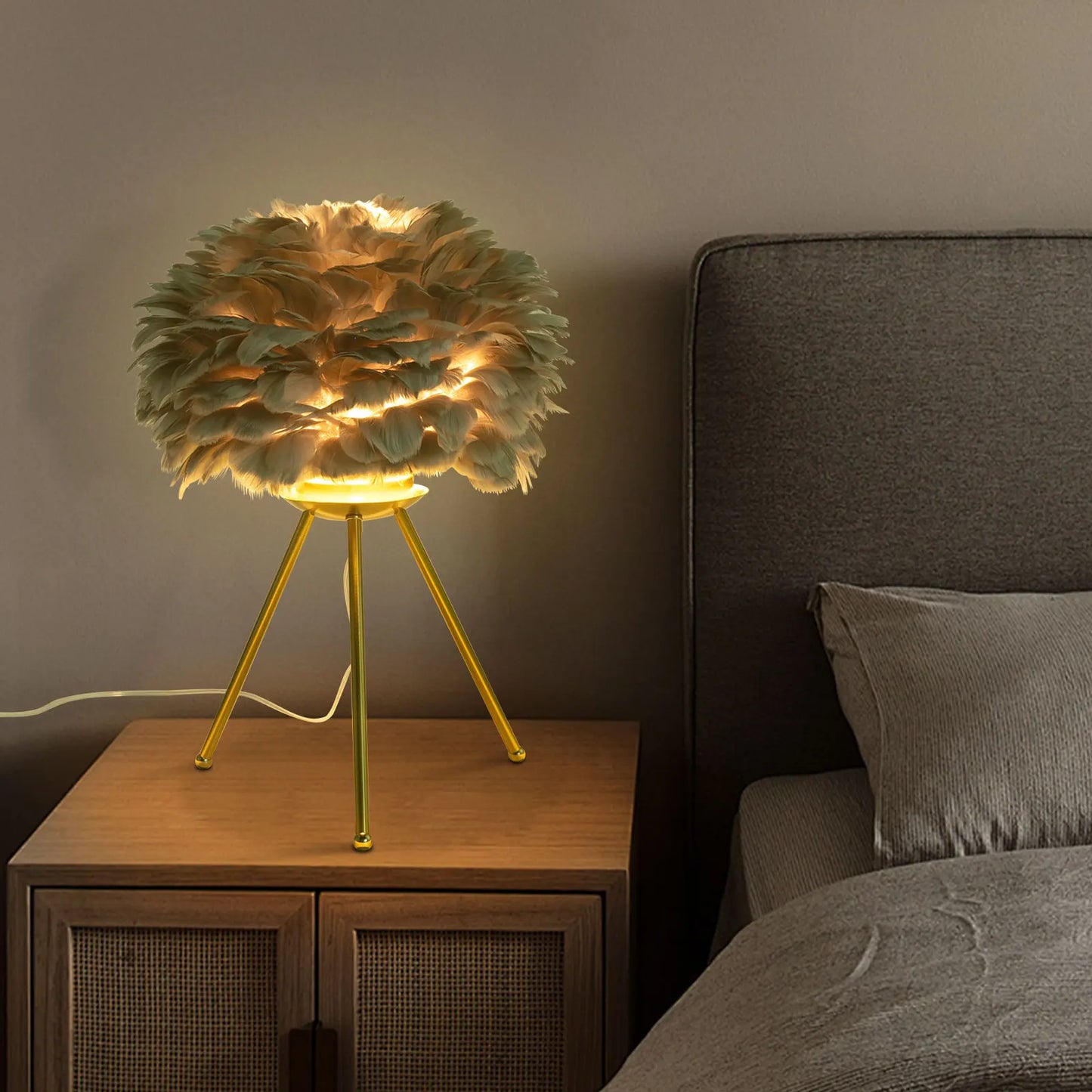 Grey Feather Tripod Desk Lamp For Study Living Room