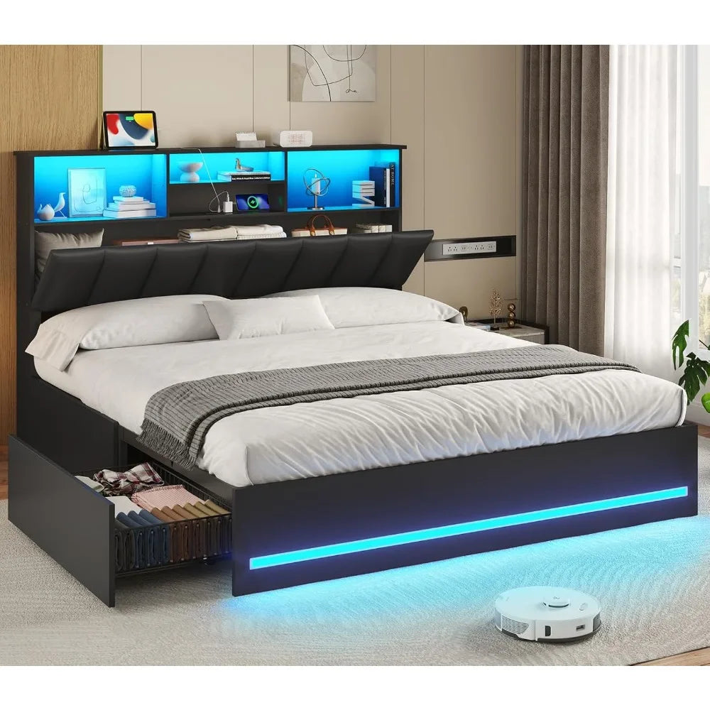 Bed Frame With Bookcase Headboard And Charging Station
