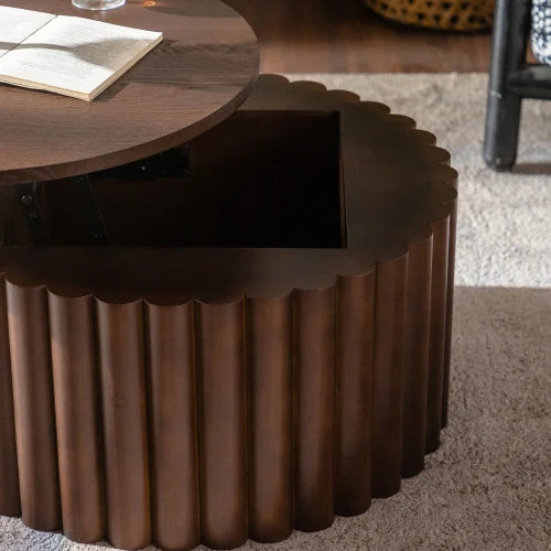 Handcrafted Round Lift Top Coffee Table With Relief Pedestal