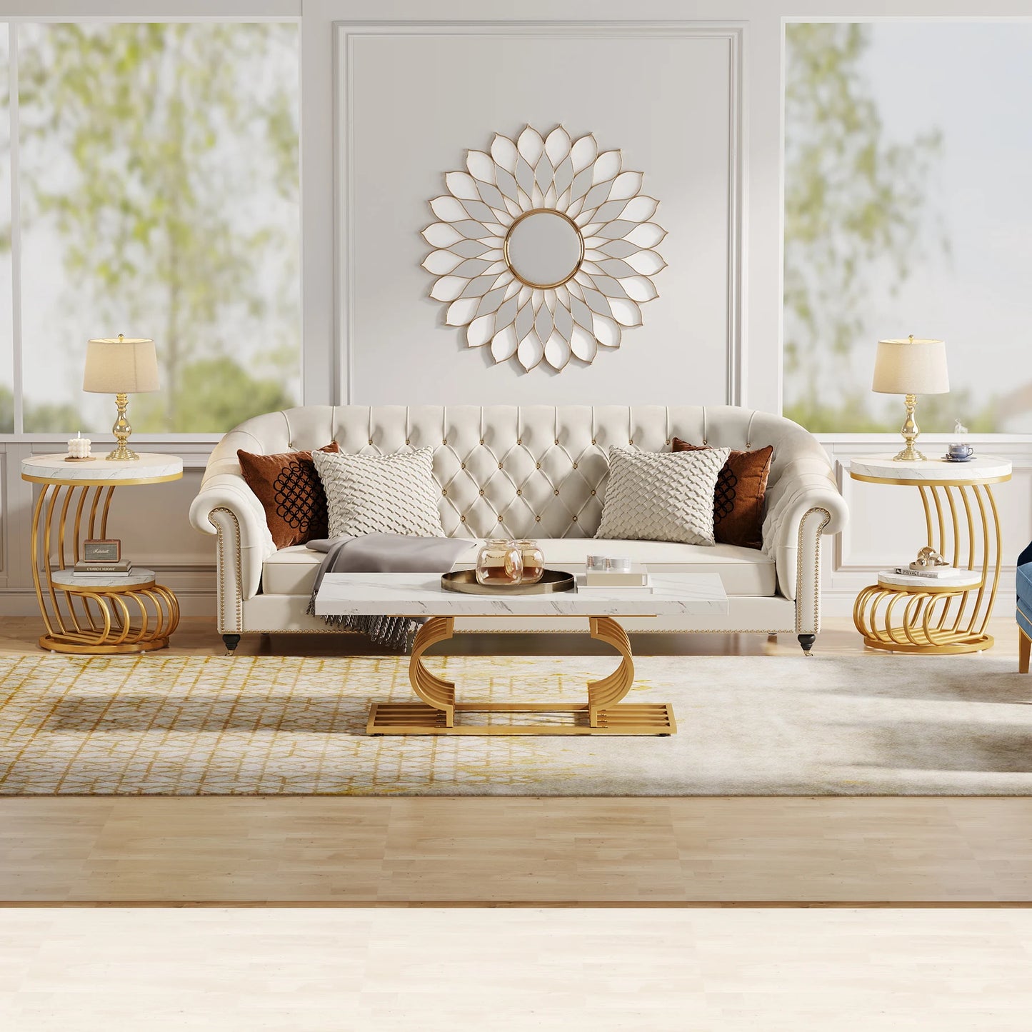 Tribesigns Gold Round End Table with Faux Marble and Storage Shelf