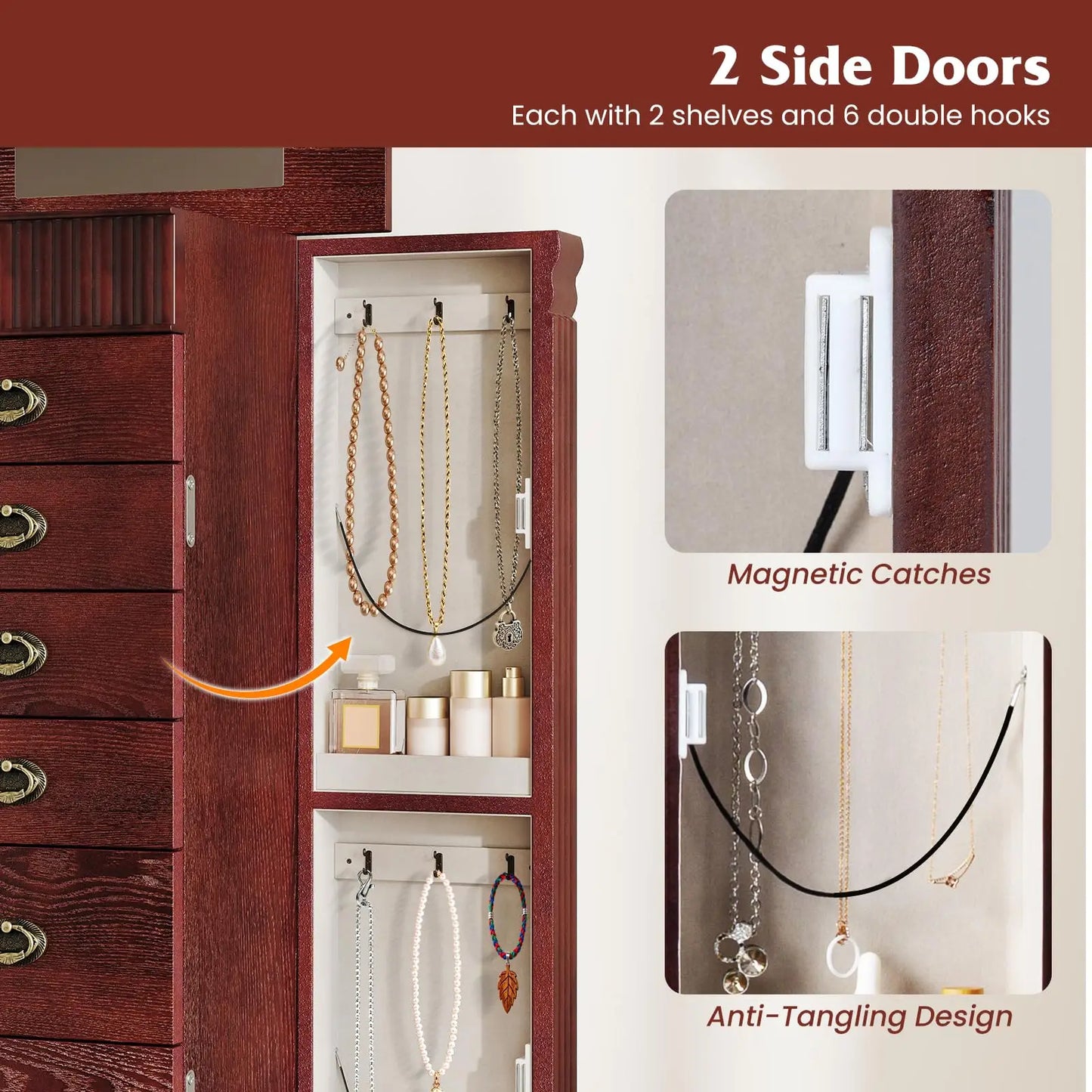 Standing Jewelry Armoire With Mirror Seven Drawers Wooden Cabinet
