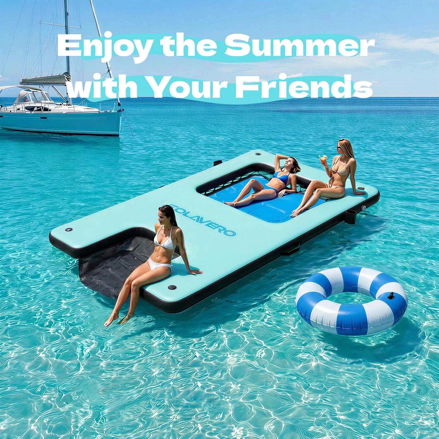 Inflatable Floating Dock Portable Platform With Cupholder Carry Bag