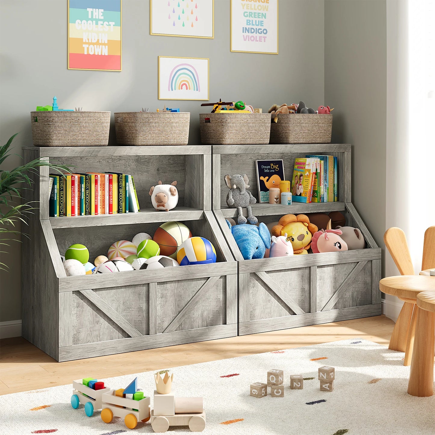 Kids Wooden Toy Storage Organizer With Cubby Bookcase Playroom