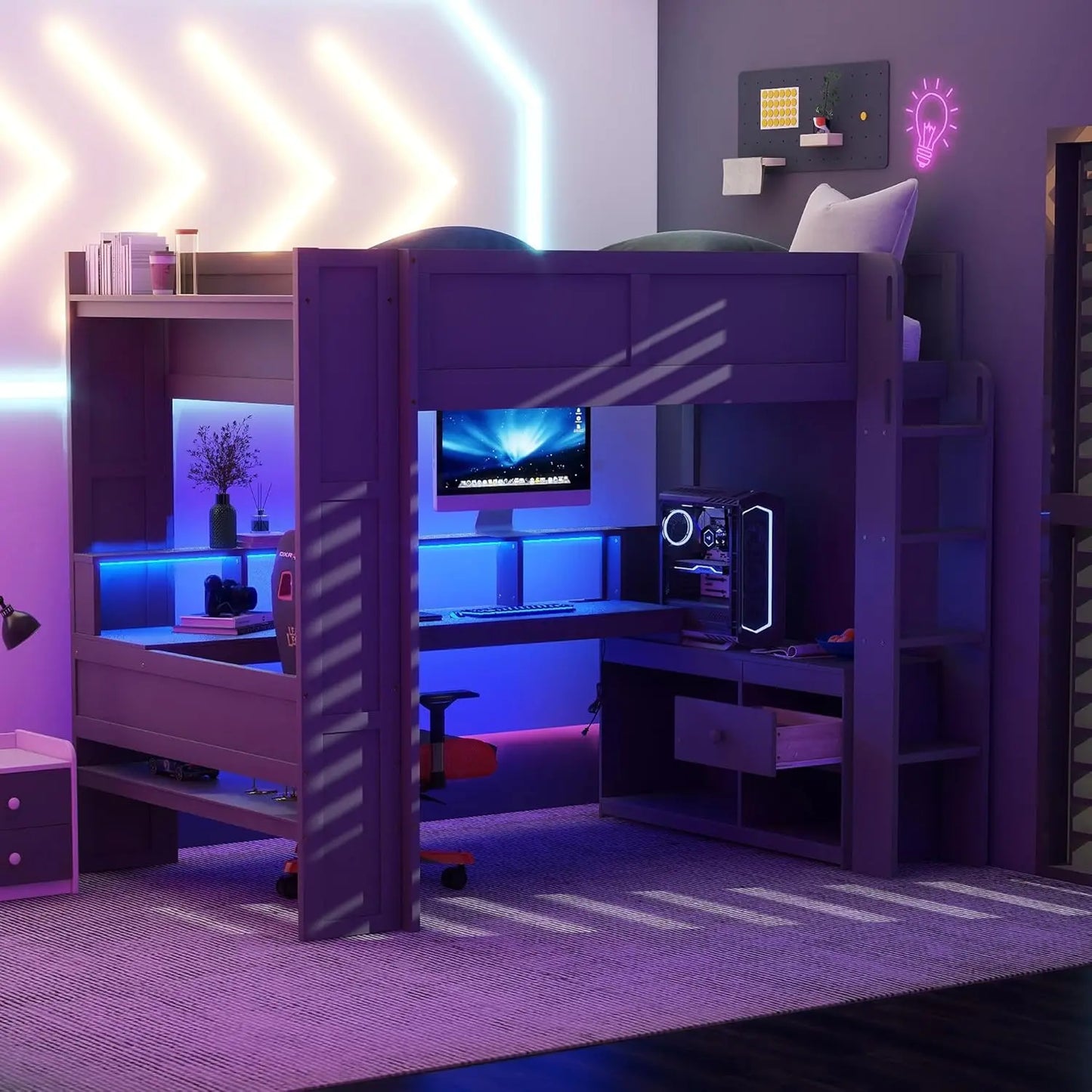 Wood Gaming Loft Bed With Desk Storage LED ChargingStation