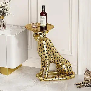 DAFIFY Animal Side Table With Tray Top Leopard Statue