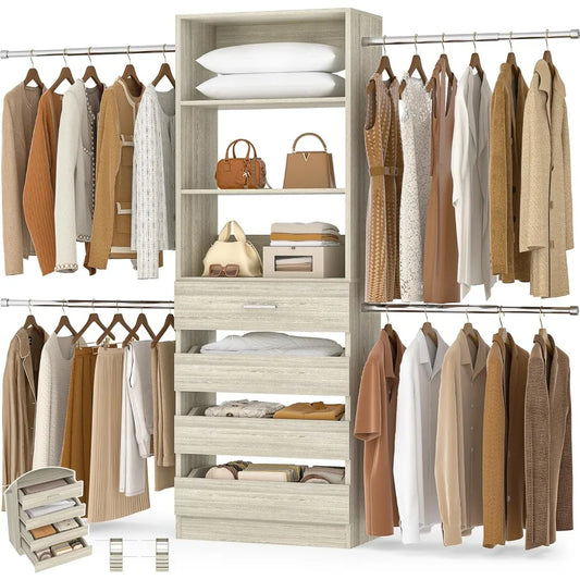 4-9Ft White Oak Closet Organizer System with 4 Wooden Drawers and Tower