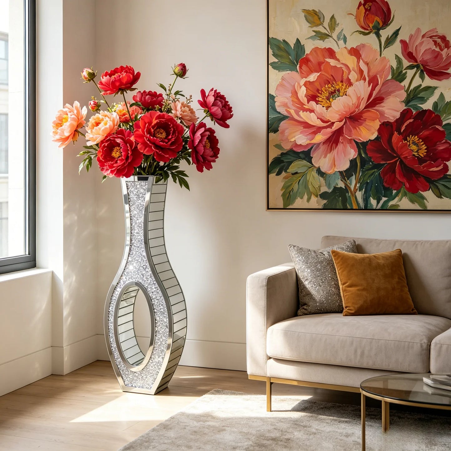 Mirrored Floor Vase Crushed Diamond Glass Decor Living Room