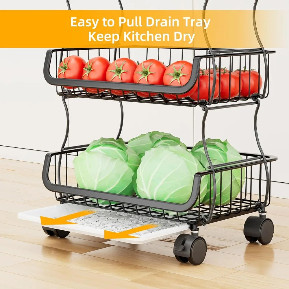 Stackable Metal Wire Rolling Cart With Hanging Baskets