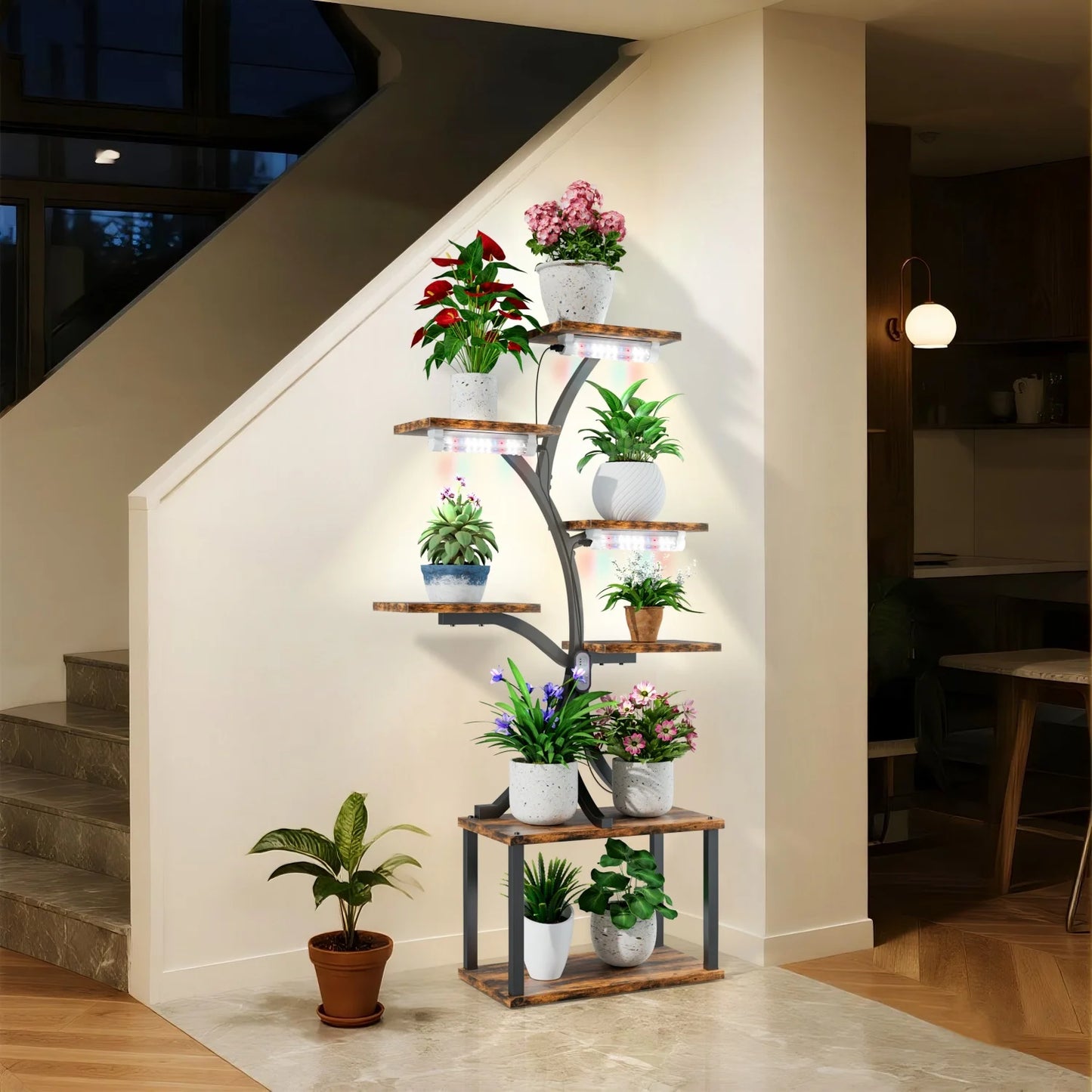 Metal 7 Tier Tree Shaped Plant Stand With Lights For Patio And Living Room