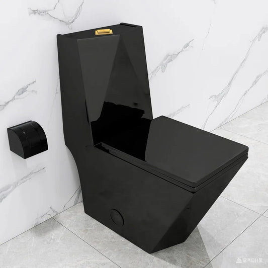 Modern Black One Piece Square Toilet with Gold Button and Diamond Design