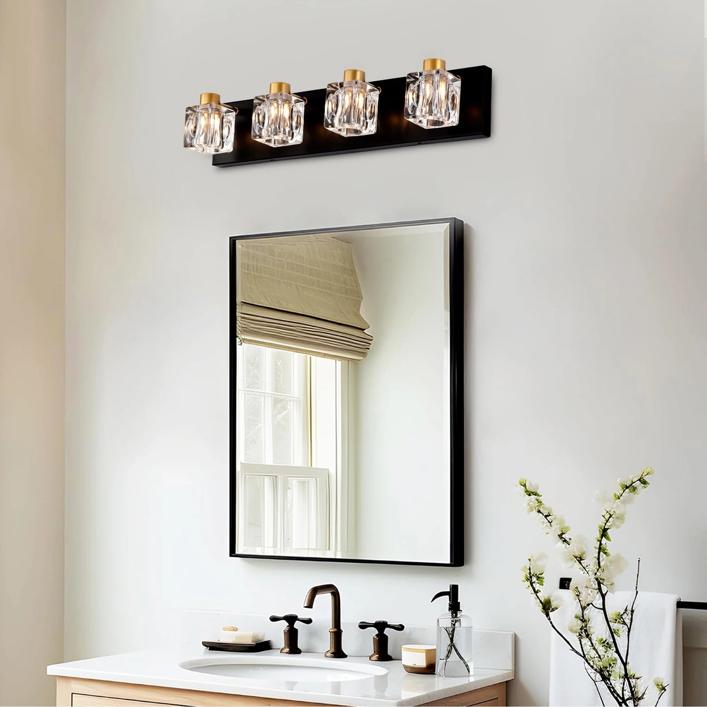 4 Light Matte Black Gold Bathroom Vanity Lights Crystals