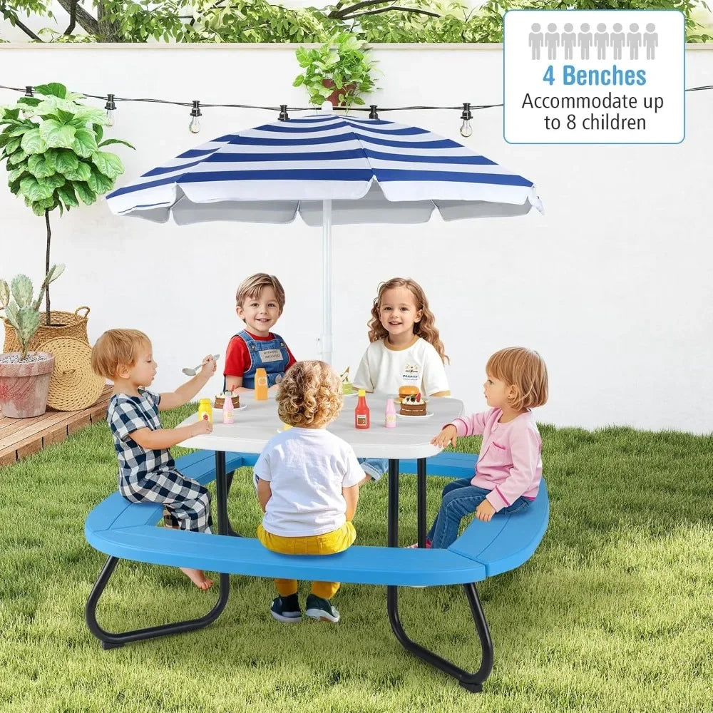 ANGDUO Kids Picnic Table Outdoor Table and Chair Set with Removable Umbrella and Metal Frame
