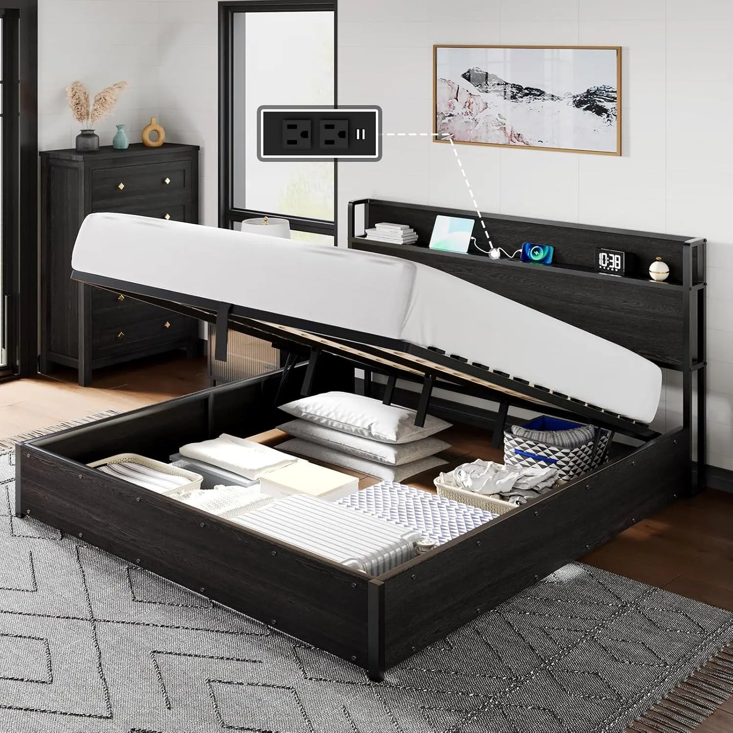 XIAOLANG Lift Up Storage Bed Frame With Charging Station