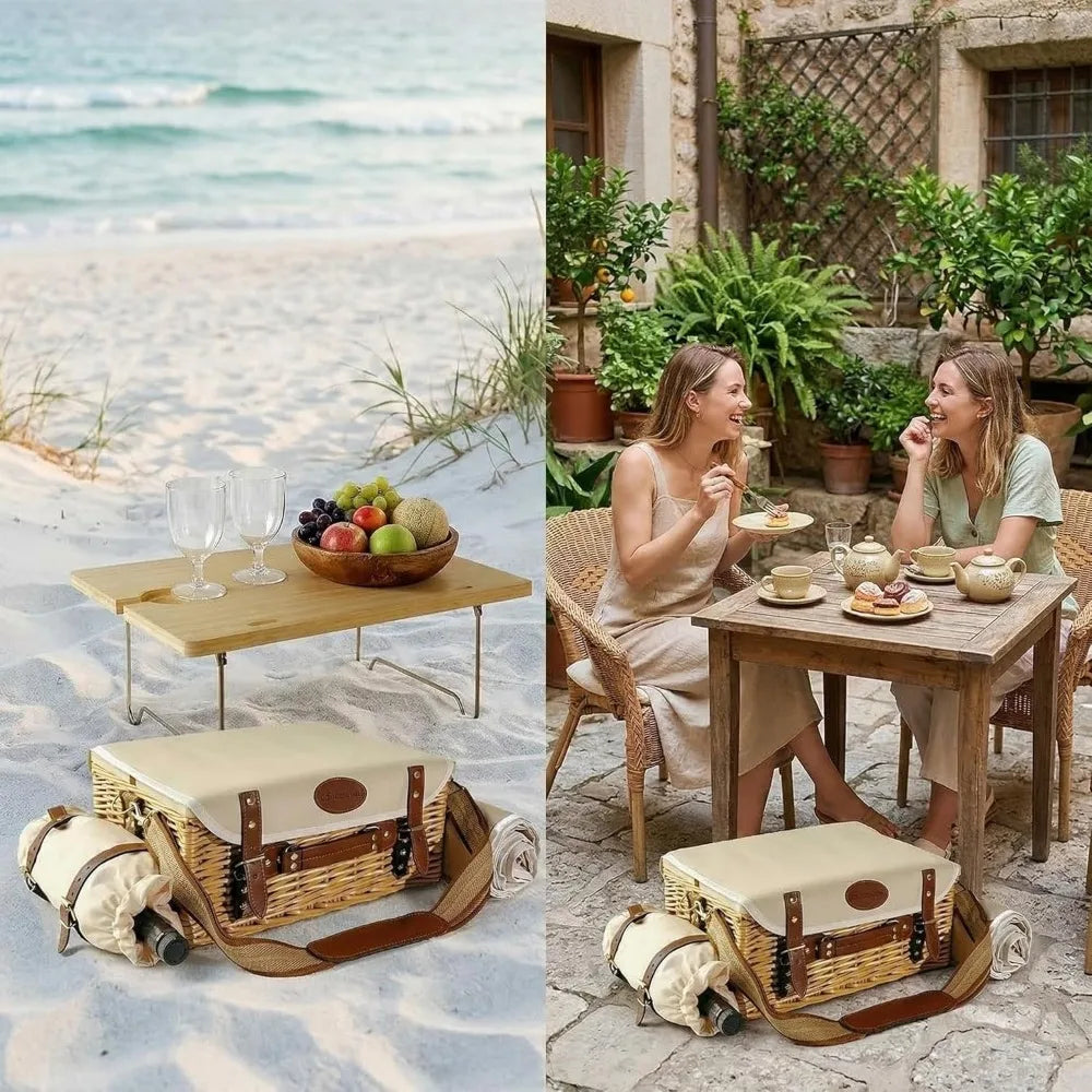 NBVCX Wicker Picnic Basket For Two With Table Blanket Wine Pouch And Tableware