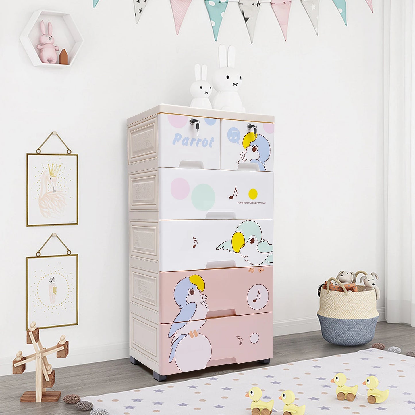 Rolling Parrot Plastic Dresser Storage Cabinet 6 Drawer With Lock