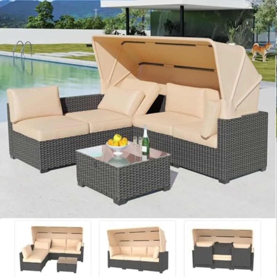 OLOEY Patio Furniture Set Wicker Sofa With Retractable Canopy And Storage Table