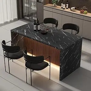 63 Inch Large Imitation Marble Dining Table with LED Lights for 4 to 6 People