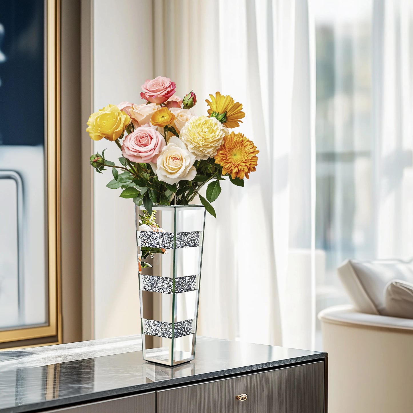 Tall Crushed Diamond Floor Vase Modern Crystal Home Decor for Living Room