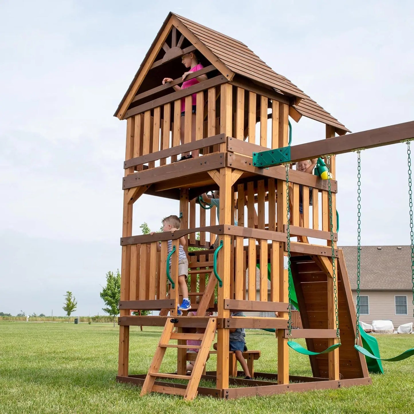 Highlander Cedar Wood Swing Set With Wave Slide Clubhouse