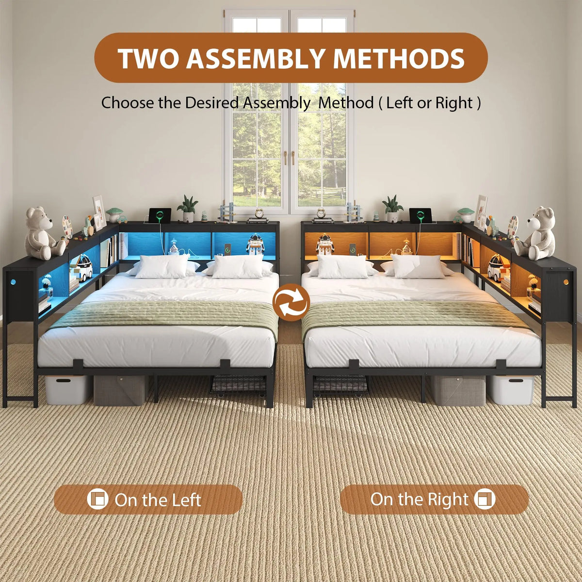 HiMISS Corner Bed Frame Bookcase Headboard And LED Lights