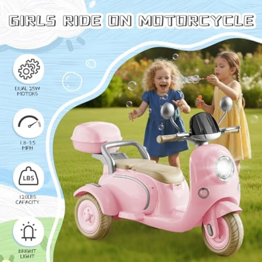 OLOEY 12V Three Wheel Ride On Electric Motorcycle Girls