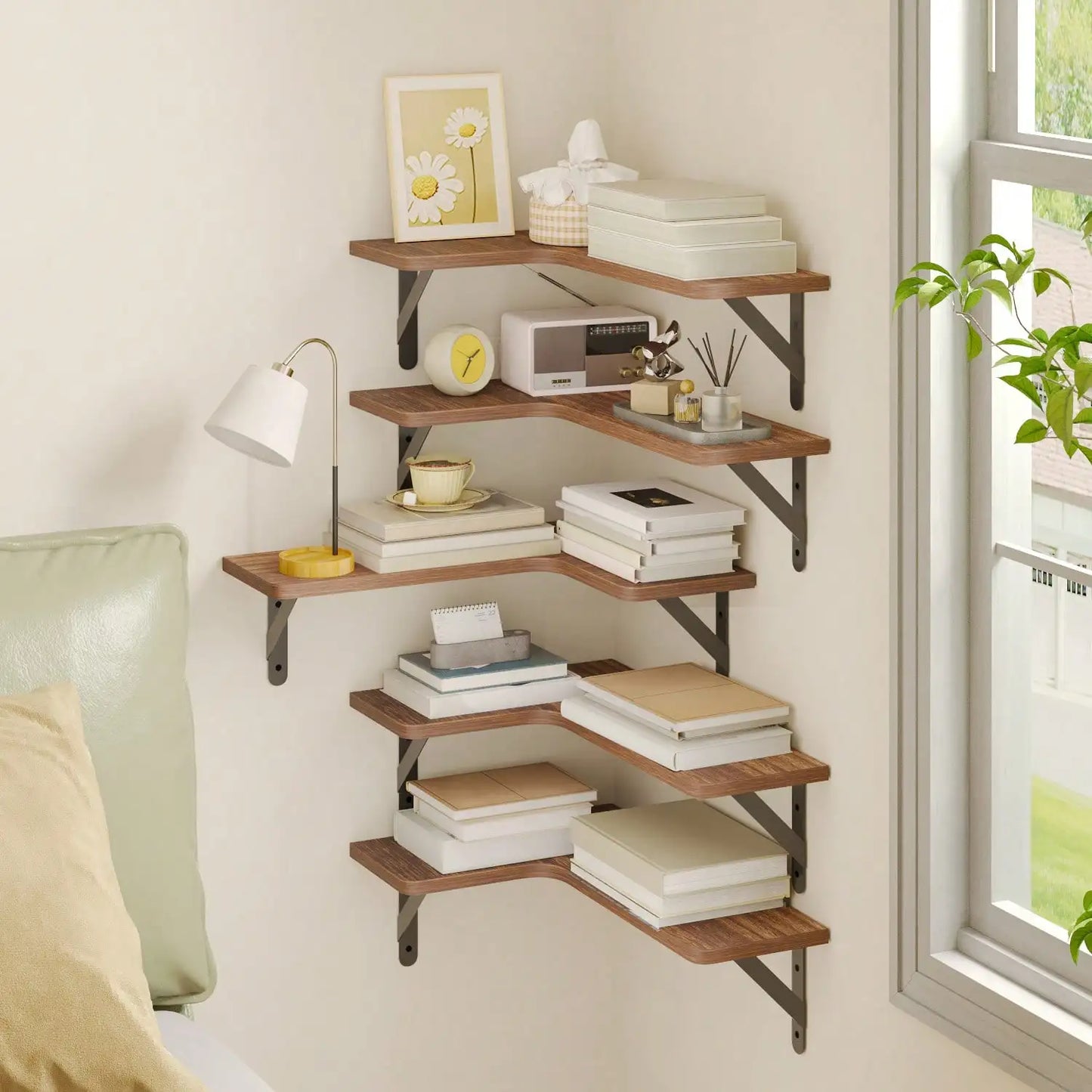 Rustic Wood Corner Floating Shelves Wall Mounted Organizer