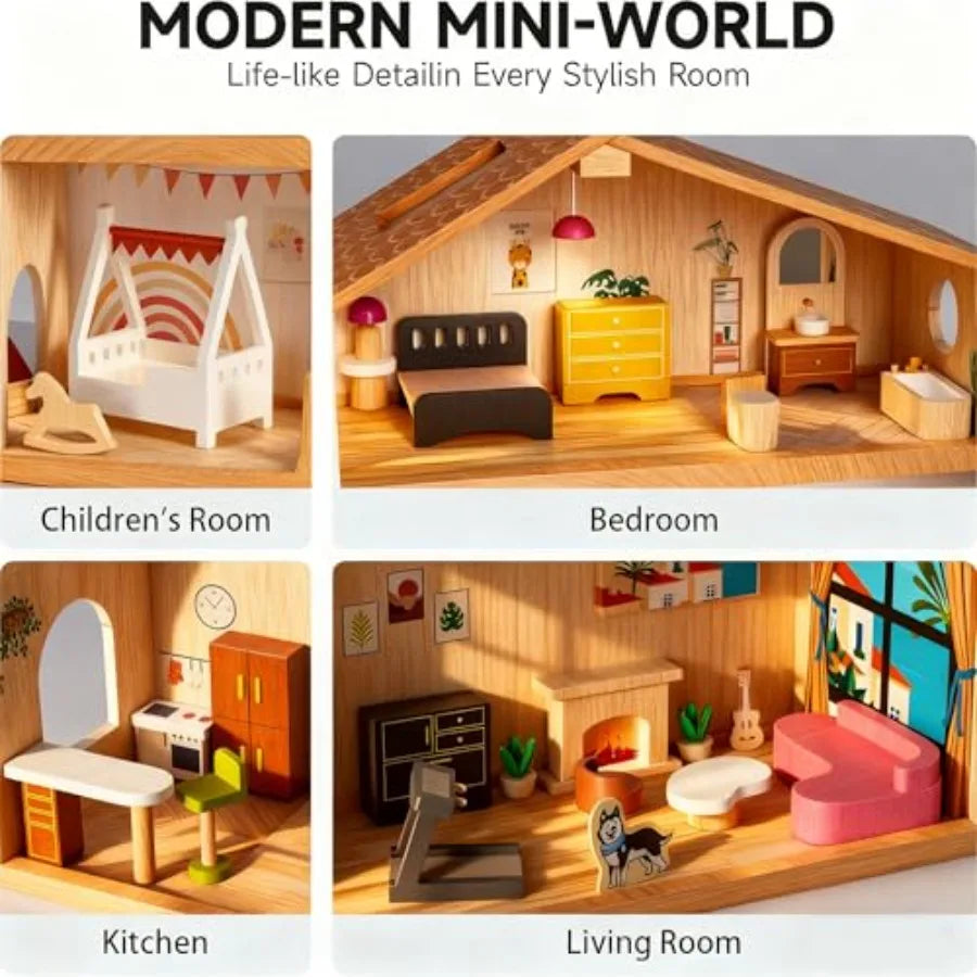 OLOEY Wooden Doll House With 53 Pcs Furniture Six Rooms Spiral Staircase Balcony