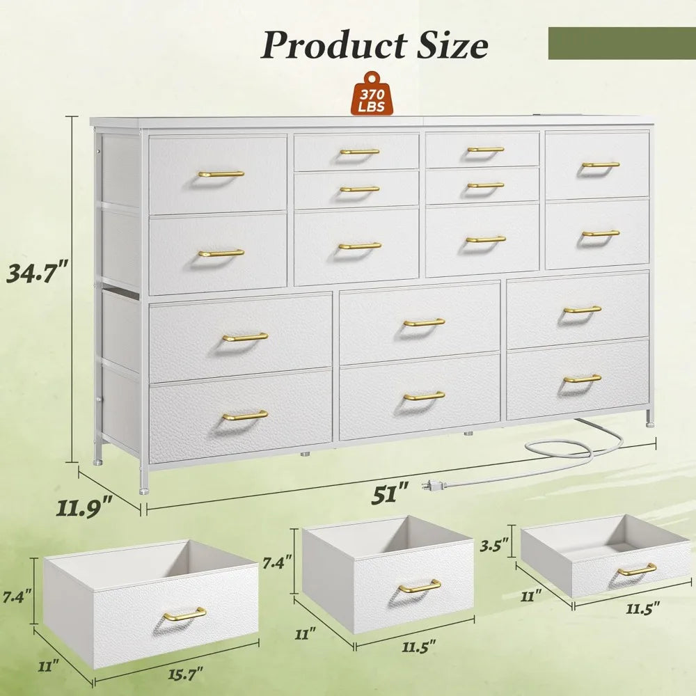 16 Drawer Dresser With Charging Station And Fabric Storage