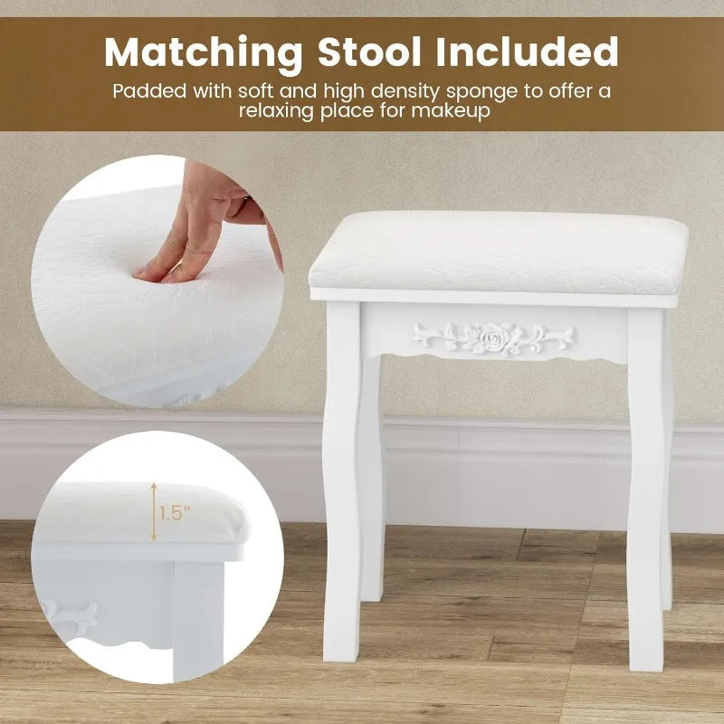 Hign-concerned Vanity Set With 10 Led Bulbs Mirror Stool