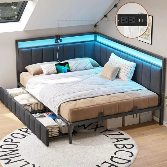 Bed With Storage Drawers And LED Lights Platform Bed