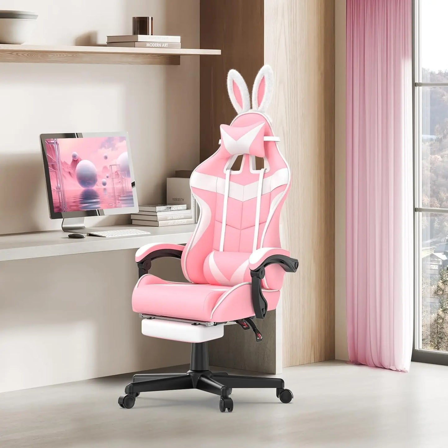 Ergonomic Gaming Chair With Bunny Ears Headrest Lumbar Support