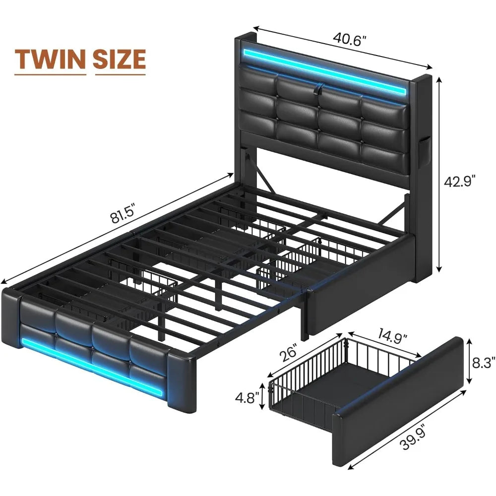Adorneve Twin Bed Frame With Storage Headboard LED Charging