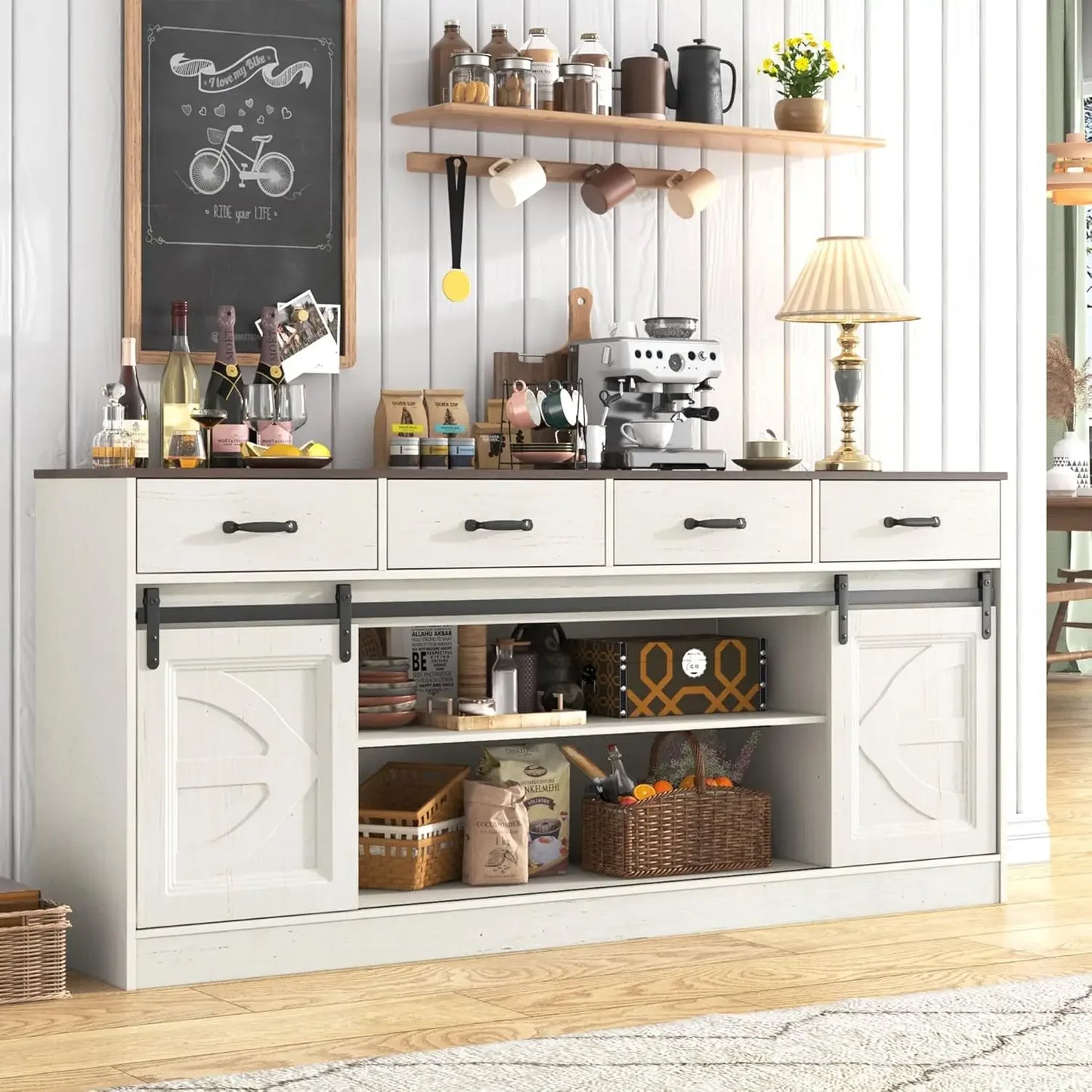 70 Inch Large Farmhouse Sideboard Buffet Cabinet with 4 Storage Drawers