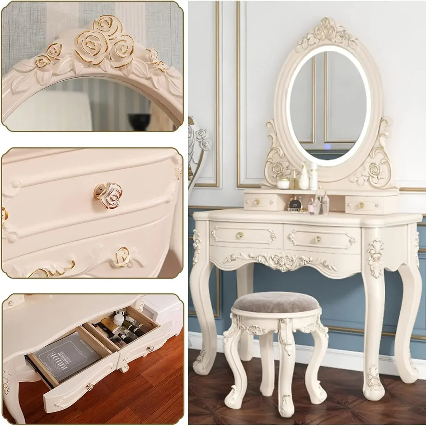 Stylish White Makeup Vanity with LED Touch Light Mirror and Cushioned Stool