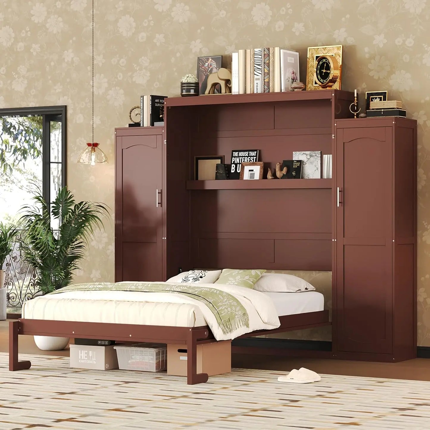 Wood Wall Murphy Bed With Two Closets And Shelving