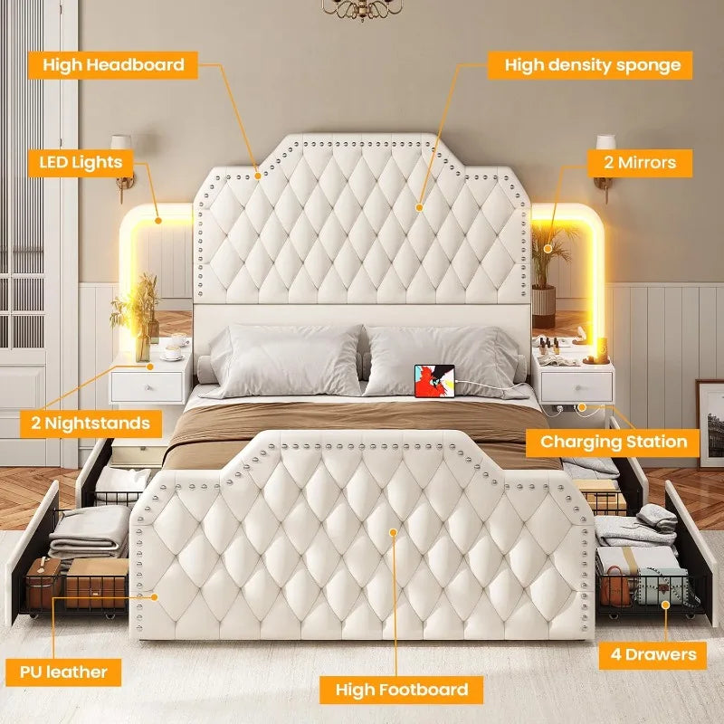 PU Leather Upholstered Bed Frame With Storage Drawers