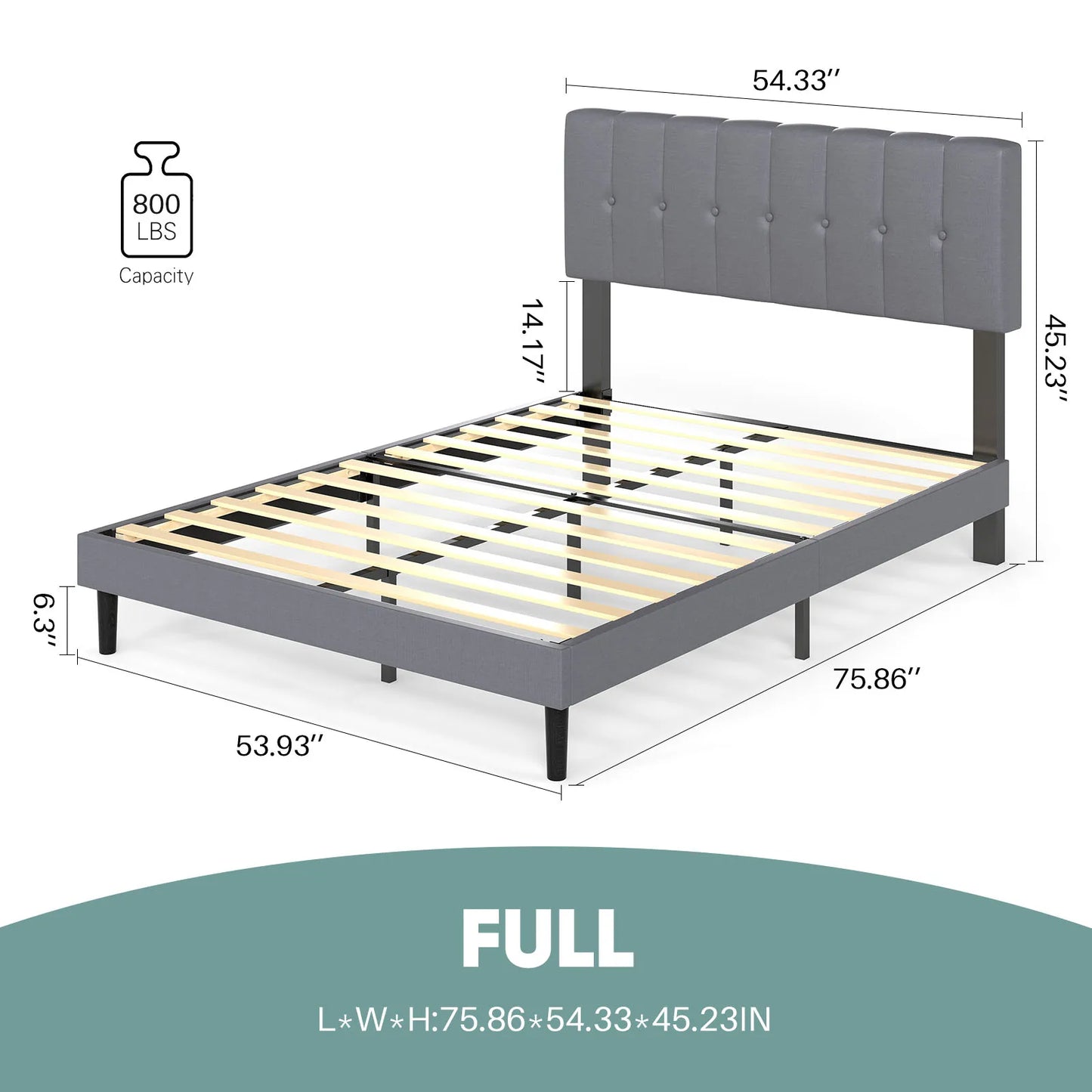 JHK King Wooden Bed Frame With Fabric Upholstered Slats