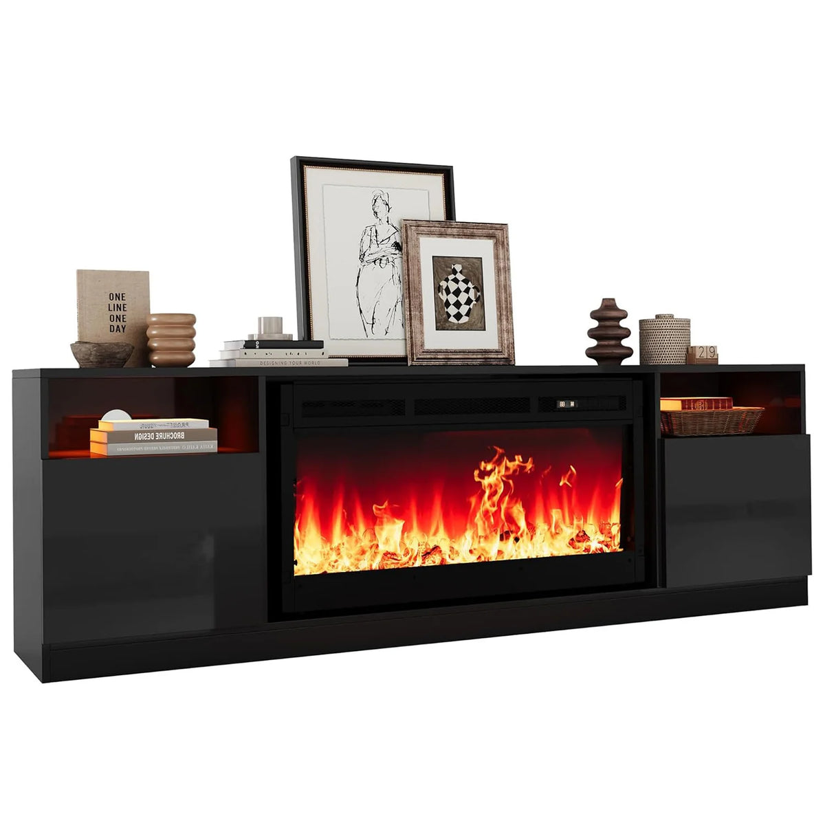 Adoolla Fireplace TV Stand With Electric Heater LED Lights And Storage