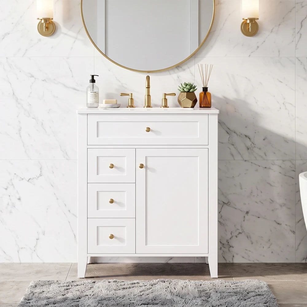 Modern White Bathroom Vanity With Ceramic Sink And Metal Handles