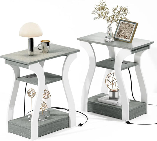 End Table Charging Station 3 Tier Nightstand Home Use