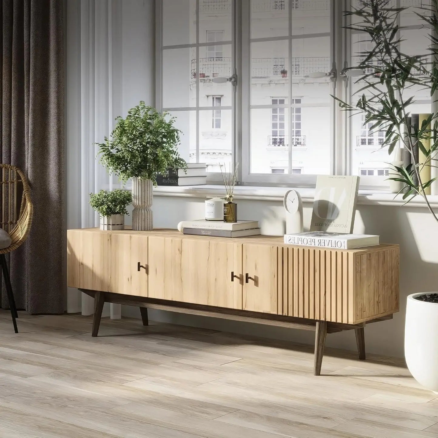 ZHUOTING TV Stand Living Room Media Console Wood Legs