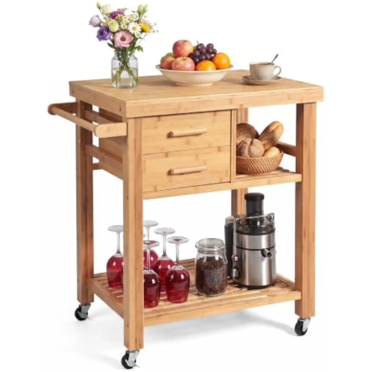 Bamboo Rolling Island Cart with Drawers and Braked Casters