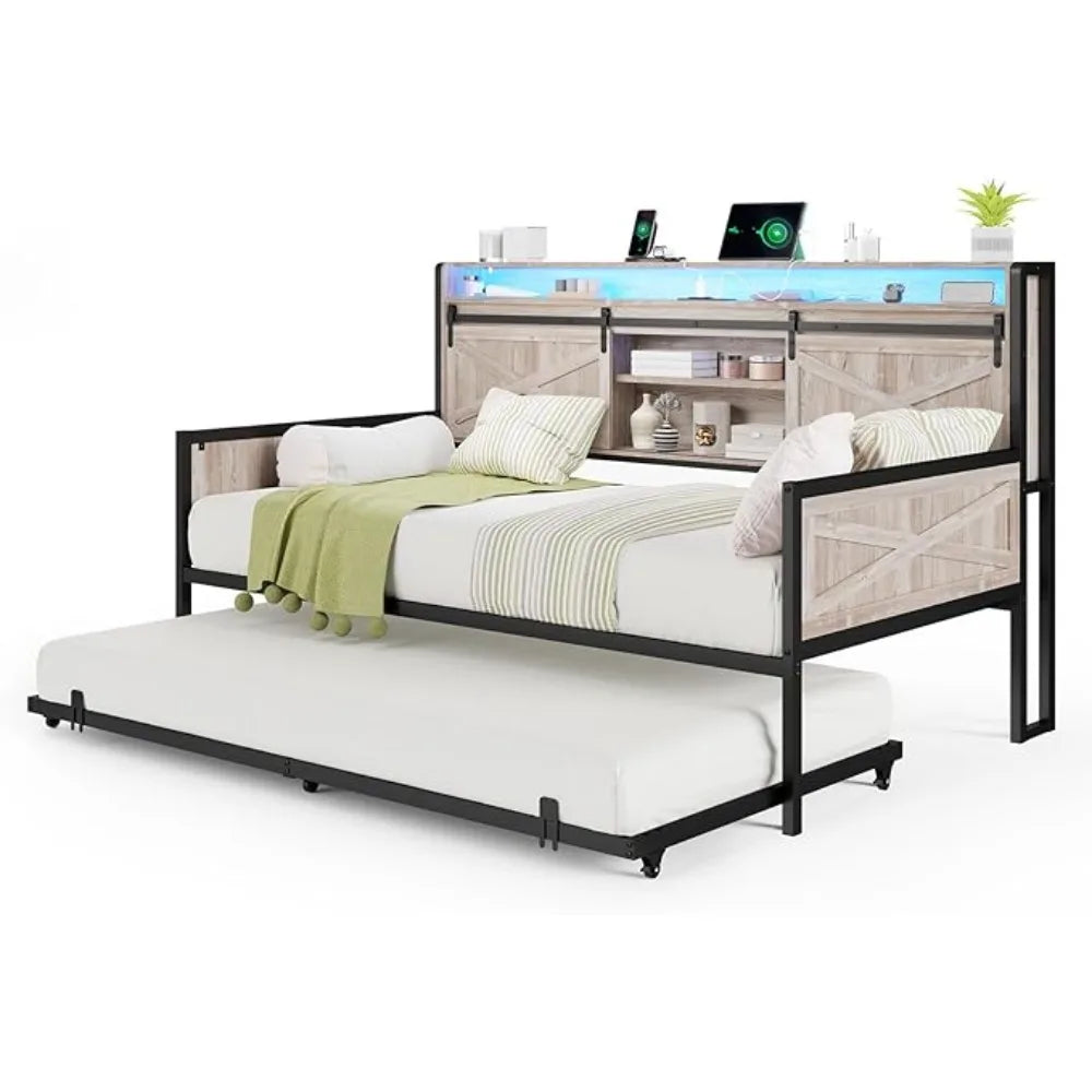 Rustic Twin Daybed with Trundle and Sliding Barn Door Headboard Featuring LED Light