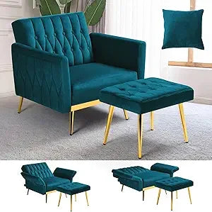 Color Velvet Accent Chair With Adjustable Armrests And Ottoman
