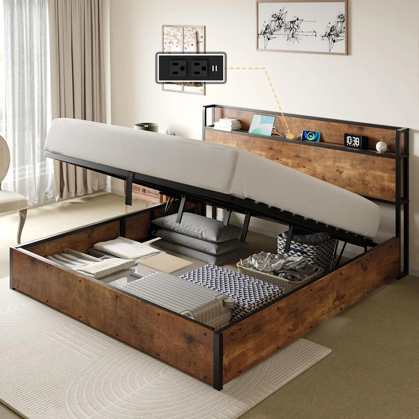 XIAOLANG Lift Up Storage Bed Frame With Charging Station
