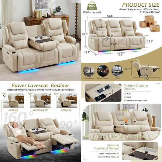 Power Loveseat Recliner Sofa With Adjustable Back LED Lighting