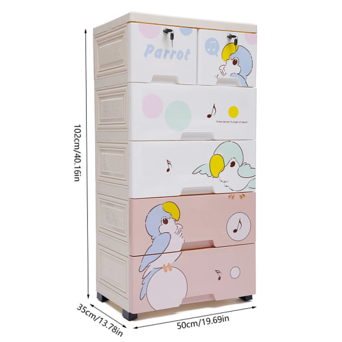 Rolling Parrot Plastic Dresser Storage Cabinet 6 Drawer With Lock